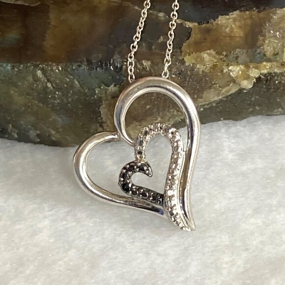 Sterling Silver 925 Diamond Open Heart Asymmetric Pendant Necklace 18" Chain - Picture 5 of 16